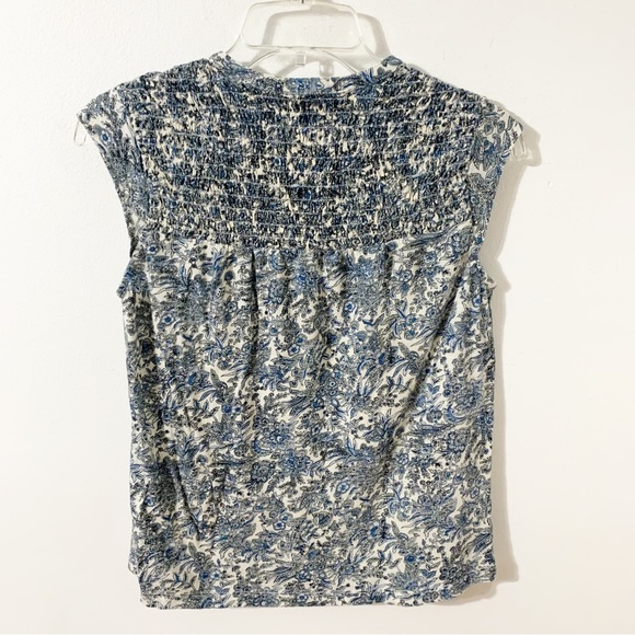 Lucky Brand Cap Sleeve Smocked at Top Split Neckline Partial Button Front Top - Picture 3 of 11